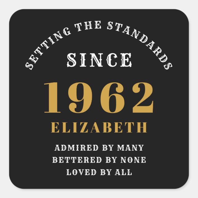 60th Birthday 1962 Elegant Black Gold Chic Square Sticker (Front)