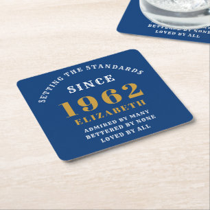 60th Birthday 1962 Elegant Blue Gold Chic Square Paper Coaster