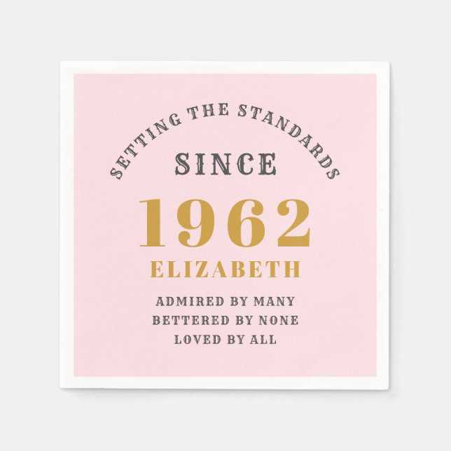 60th Birthday 1962 Elegant Gold Pink Grey Napkin (Front)