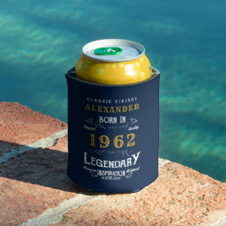 60th Birthday 1962 Vintage Blue Gold Add Name Can Cooler