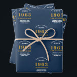 60th Birthday 1963 Blue Gold Add Name Wrapping Paper Sheet<br><div class="desc">A personalized wrapping paper design for that birthday celebration for a special person. Add the name to this vintage retro style blue and gold design for a custom birthday gift. Easily edit the name and year with the template provided. A wonderful custom birthday gift. More gifts and party supplies for...</div>