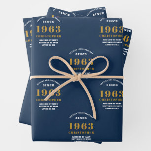 60th Birthday 1963 Blue Gold Add Name Wrapping Paper Sheet