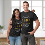 60th Birthday 1964 Add Name Black Gold Party T-Shirt<br><div class="desc">Custom 60th Birthday Guest of Honour Black and Gold T-Shirt – Born 1964 Edition. Celebrate your milestone birthday in style with our Custom 60th Birthday Guest of Honour t-shirt. Our black and gold tee is the perfect statement piece for this special occasion. With a design that proudly features '1964', wear...</div>