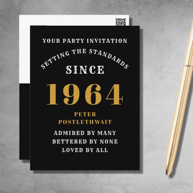 60th Birthday 1964 Black Gold Invitation Postcard (Elegant Black and Gold 60th Birthday Invitation - Create Your Own Personalized Design.)