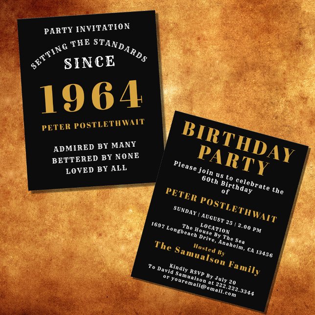 60th Birthday 1964 Black Gold Personalised For Him Flyer (Elegant Black and Gold 60th Birthday Invitation - Create Your Own Personalized Design.)