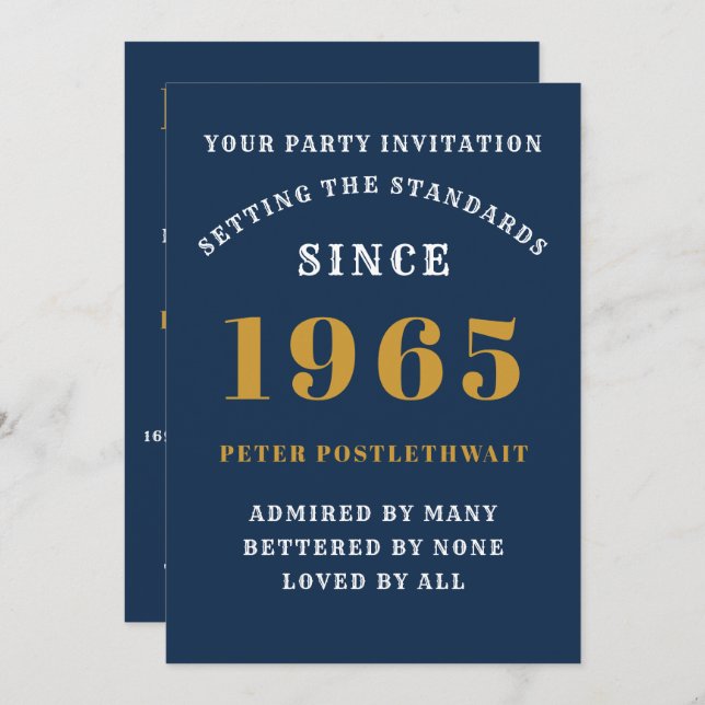 60th Birthday 1965 Blue Gold Personalised For Him Invitation (Front/Back)