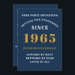60th Birthday 1965 Blue Gold Personalised For Him Invitation<br><div class="desc">For those born in 1965 and celebrating their 60th birthday party we have the ideal birthday invitation card. The blue background with a white and gold design is simple and yet elegant. Easily customise the text to the front and the rear of this birthday invitation card using the template provided....</div>