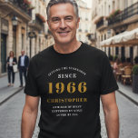 60th Birthday 1966 Add Name Black Gold Party T-Shirt<br><div class="desc">Custom 60th Birthday Guest of Honour Black and Gold T-Shirt – Born 1966 Edition. Celebrate your milestone birthday in style with our Custom 60th Birthday Guest of Honour t-shirt. Our black and gold tee is the perfect statement piece for this special occasion. With a design that proudly features '1966', wear...</div>