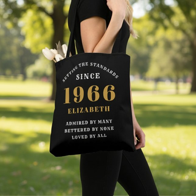 60th Birthday 1966 Black Gold For Her Personalized Tote Bag (Born 1966 birthday tote bag. Background out of focus.)