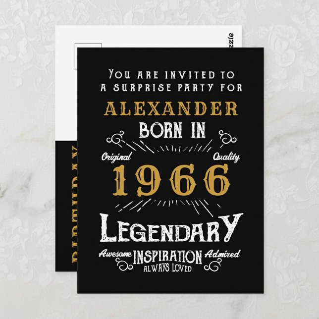 60th Birthday 1966 Black Gold Legend Invitation Postcard (1966 birthday invitation postcard. Background white lace.)