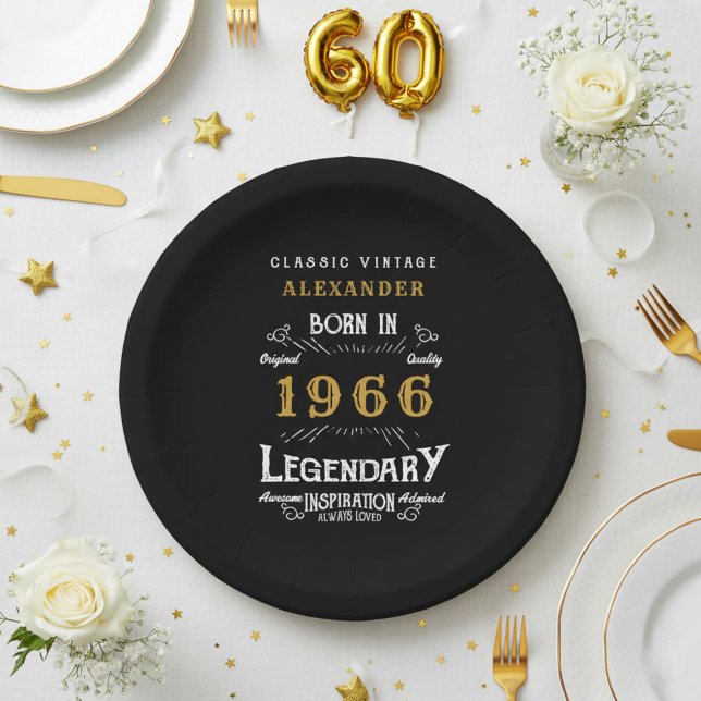 60th Birthday 1966 Legendary Retro Paper Plate (1966 black paper plate on a white and gold background.)