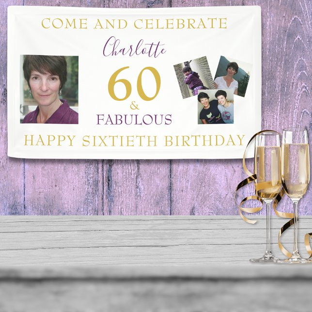 60th birthday 60 and Fabulous Photo Collage gold Banner (60 and fabulous elegant gold and purple custom photo collage 60th birthday party banner)
