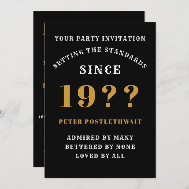 60th Birthday Add Name Year Black Gold For Him Invitation (Front/Back)