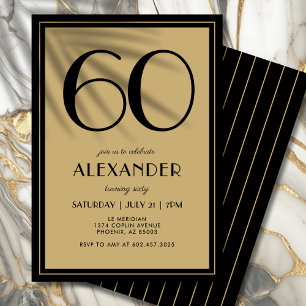 60th Birthday Adult Black and Gold Modern Minimal  Invitation