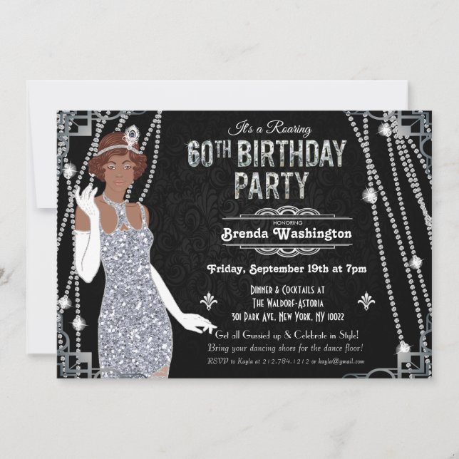 60th Birthday African American Flapper Girl  Invitation (Front)