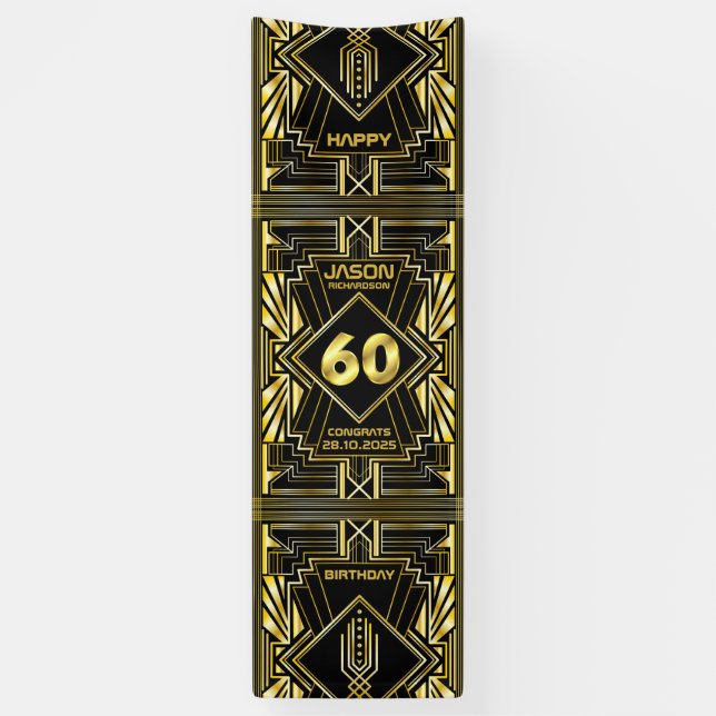 60th Birthday Art Deco Gold Black Great Gatsby Banner (Vertical)