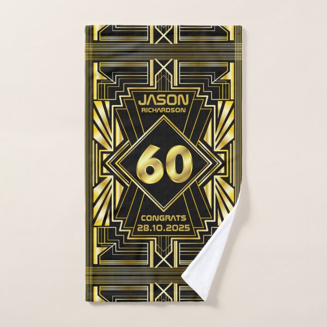 60th Birthday Art Deco Gold Black Great Gatsby Hand Towel (Hand Towel)