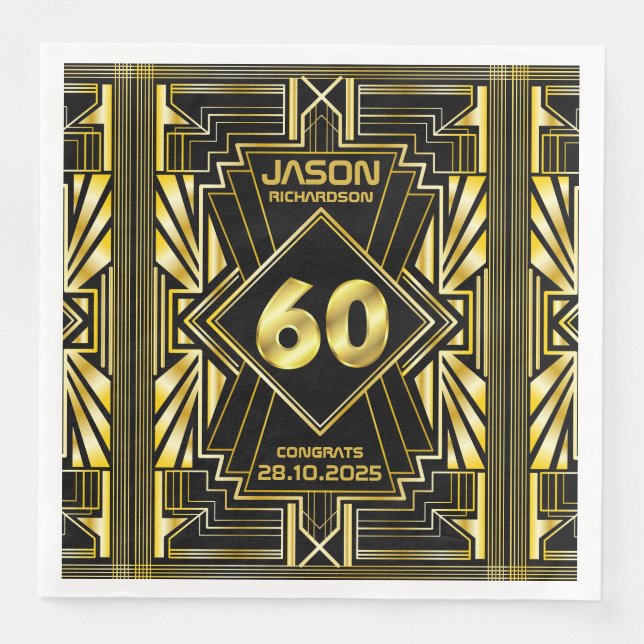 60th Birthday Art Deco Gold Black Great Gatsby Napkin (Front)