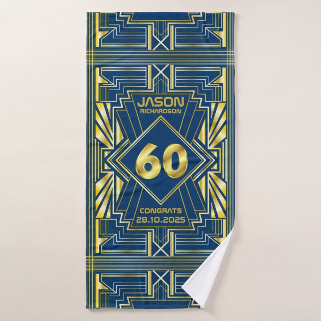 60th Birthday Art Deco Gold Blue Great Gatsby Bath Towel (Bath Towel)