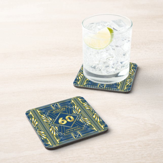 60th Birthday Art Deco Gold Blue Great Gatsby Coaster (Right Side)
