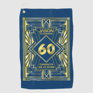 60th Birthday Art Deco Gold Blue Great Gatsby Golf Towel