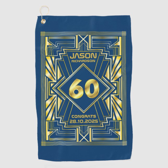 60th Birthday Art Deco Gold Blue Great Gatsby Golf Towel (Front)