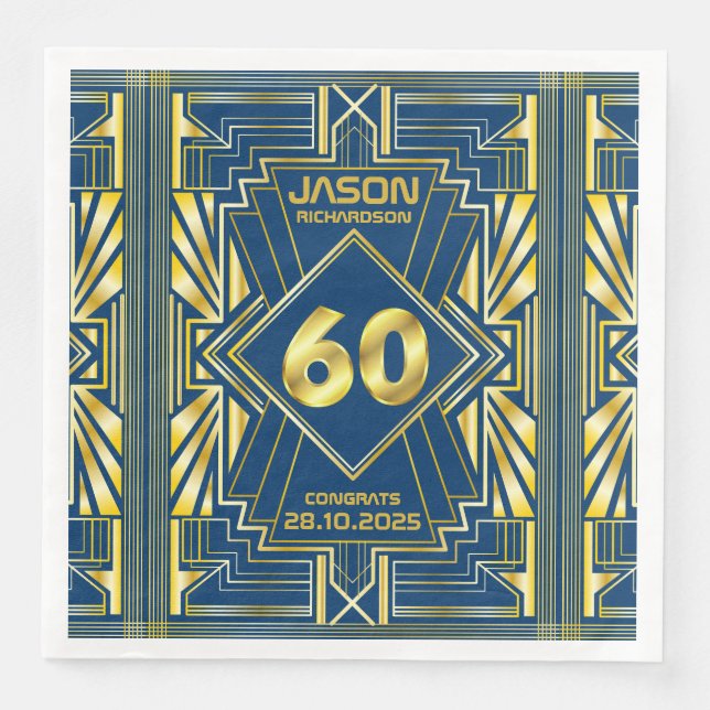 60th Birthday Art Deco Gold Blue Great Gatsby Napkin (Front)