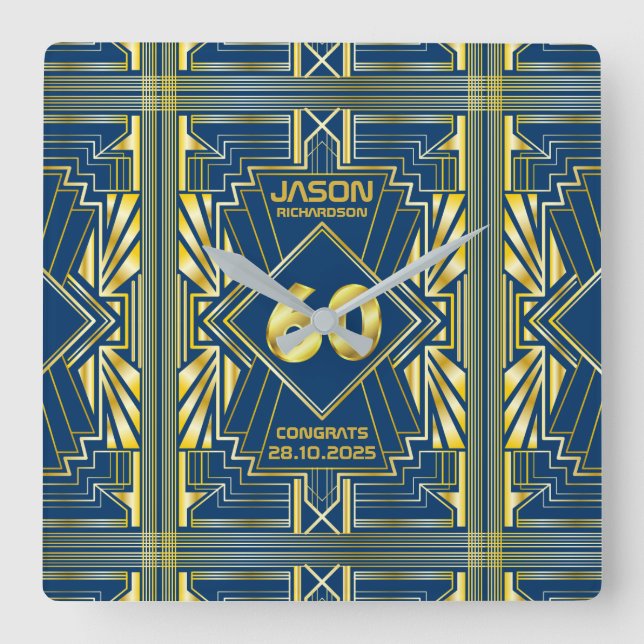 60th Birthday Art Deco Gold Blue Great Gatsby Square Wall Clock (Front)