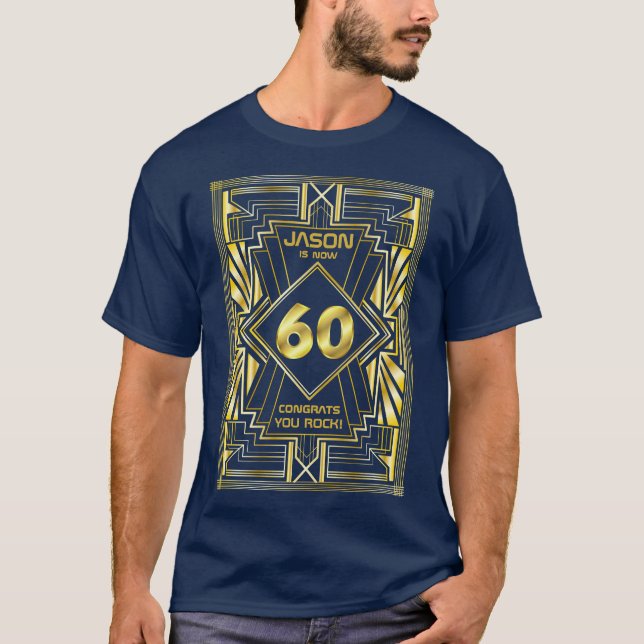 60th Birthday Art Deco Gold Blue Great Gatsby T-Shirt (Front)