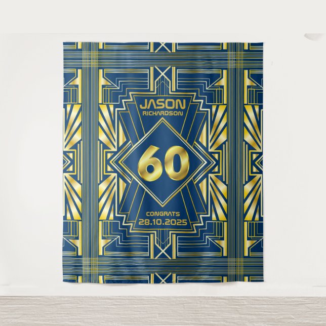 60th Birthday Art Deco Gold Blue Great Gatsby Tapestry (Front)