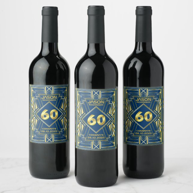 60th Birthday Art Deco Gold Blue Great Gatsby Wine Label (Bottles)