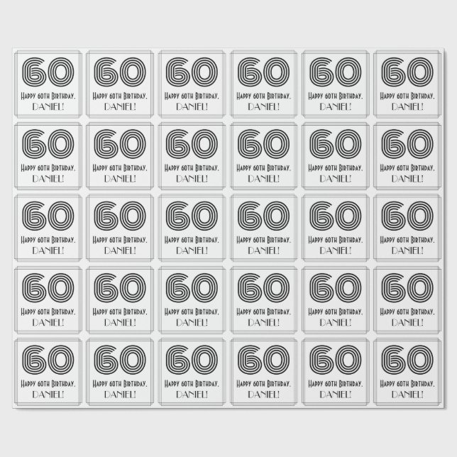 60th Birthday: Art Deco Inspired Style "60" + Name Wrapping Paper (Flat)