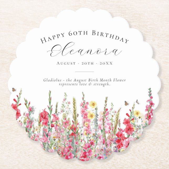 60th Birthday August Birth Flower Custom Paper Coaster (Front)