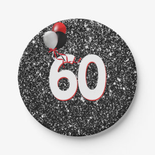 60th Birthday Balloons on Black Glitter Paper Plate