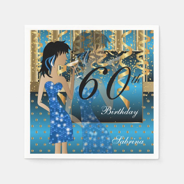 60th Birthday Bash Girl Party in Blue and Gold Napkin (Front)