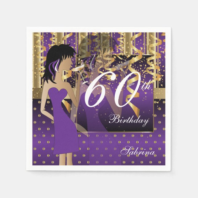 60th Birthday Bash Girl Party in Purple and Gold Napkin (Front)