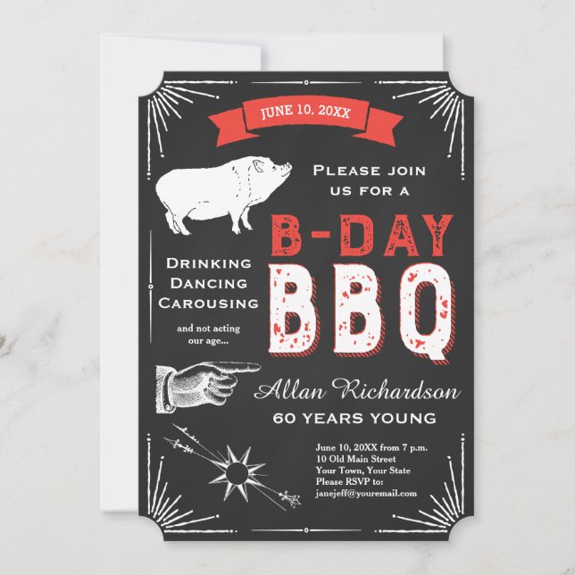 60th Birthday BBQ Party Chalkboard USA Vintage Invitation (Front)