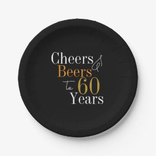 60th Birthday Beers and Cheers Black Gold Party Paper Plate