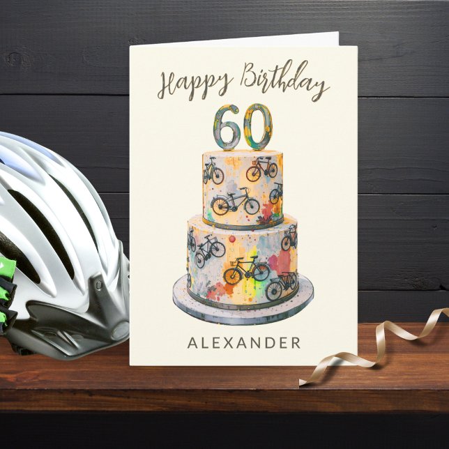 60th Birthday Bicycles Cake Colourful Personalised Card (A 60th birthday card, featuring a colorful cake decorated with bicycles)