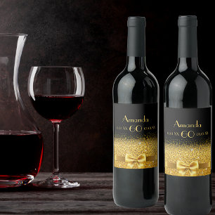 60th birthday black and faux gold bow name wine label