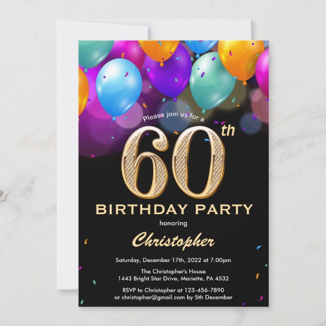 60th Birthday Black and Gold Colourful Balloons Invitation (Front)