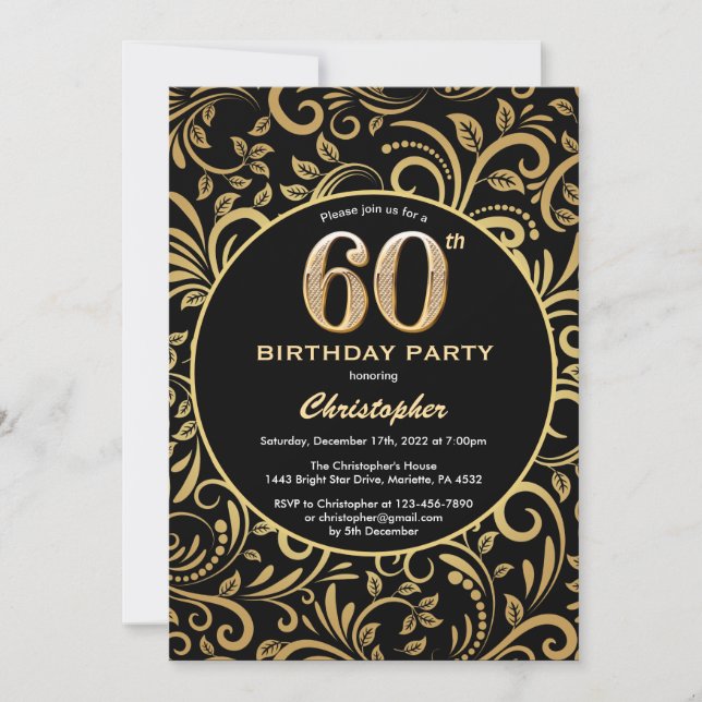 60th Birthday Black and Gold Floral Pattern Invitation (Front)