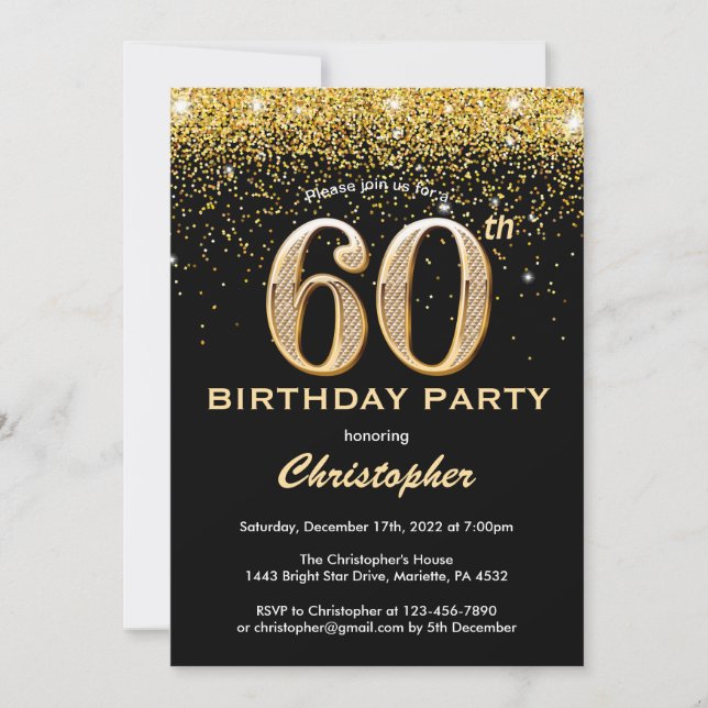 60th Birthday Black and Gold Glitter Confetti Invitation (Front)