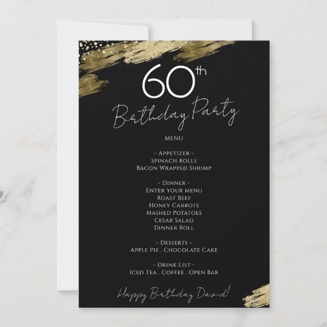 60th Birthday Black and Gold Menu Invitation (Front)