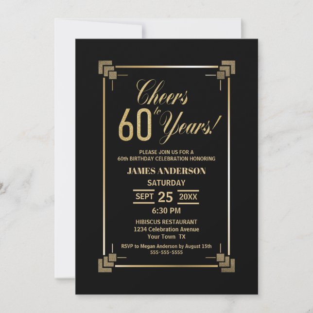 60th Birthday Black and Gold Party Invitation (Front)