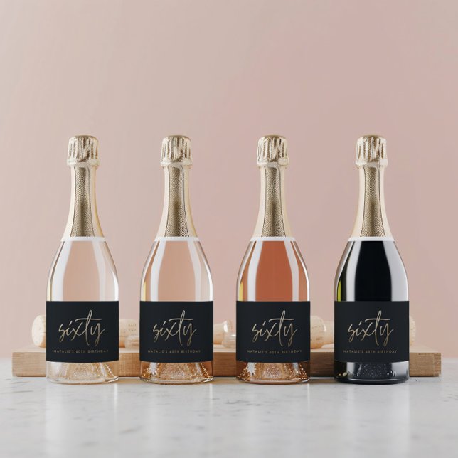 60th Birthday Black and gold script modern minimal Sparkling Wine Label (Creator Uploaded)