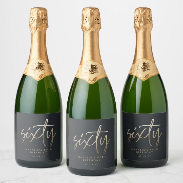 60th Birthday Black and gold script modern minimal Sparkling Wine Label (Bottles)