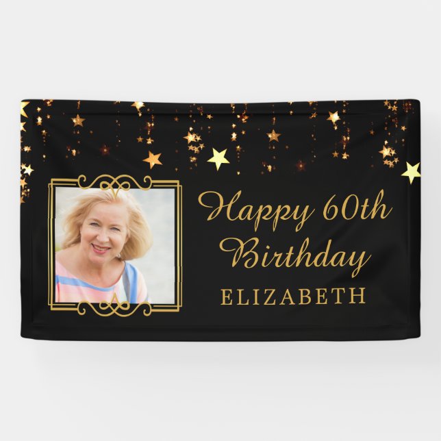 60th Birthday Black and Gold Stars Personalised Banner (Horizontal)