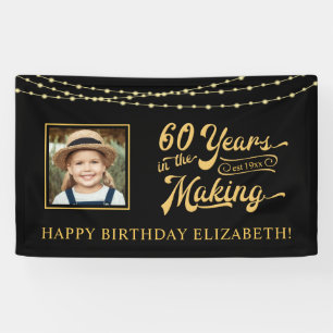 60th Birthday Black and Gold String Lights Photo Banner