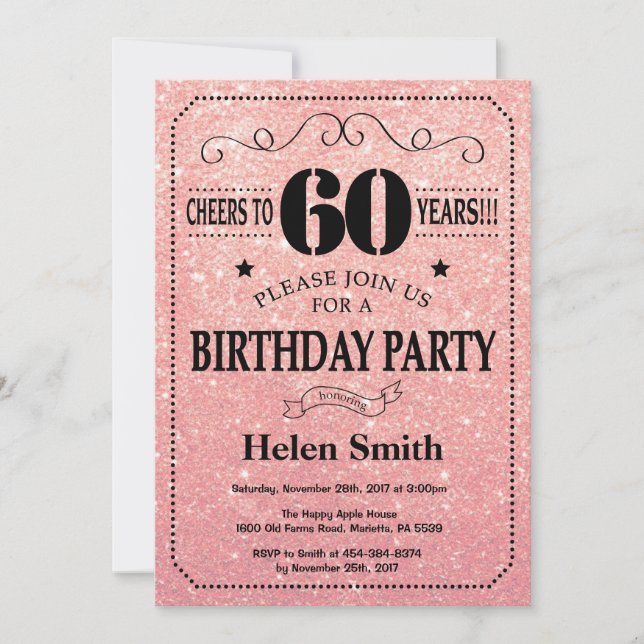 60th Birthday Black and Pink Rose Gold Glitter Invitation (Front)
